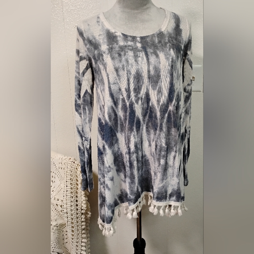 Blu Pepper Tie-dye Small Boho Long Sleeve Bohemian Tassel Coastal Coverup Top